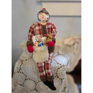 Handmade Vintage Christmas Shepherd Doll Plaid Wool Collectible Folk Art Shelf S